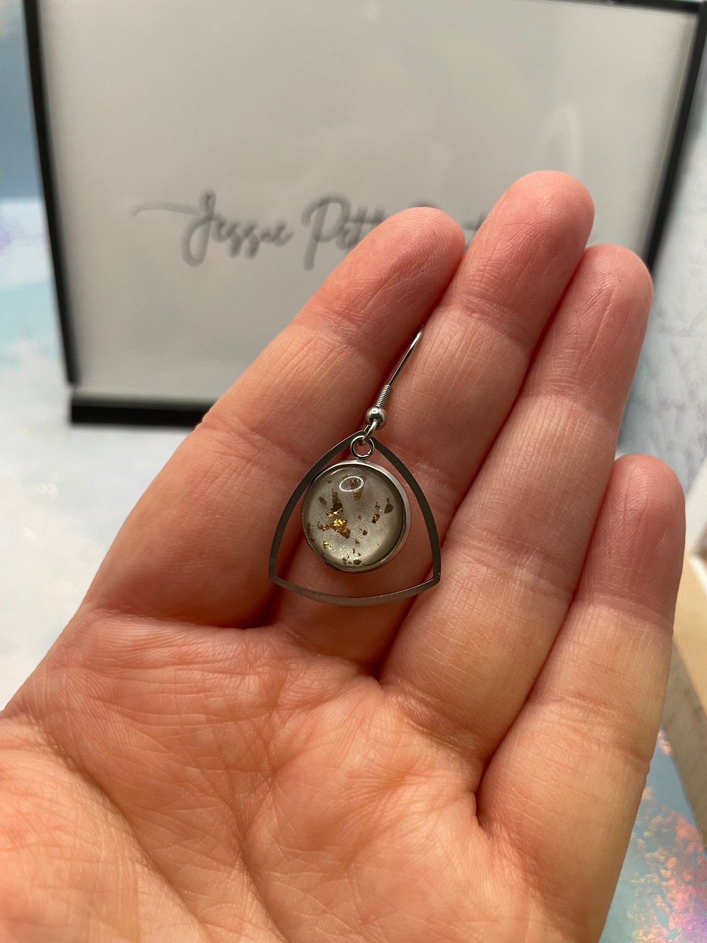 Sparkly White Cabochon Triangle Earrings – Stainless Steel