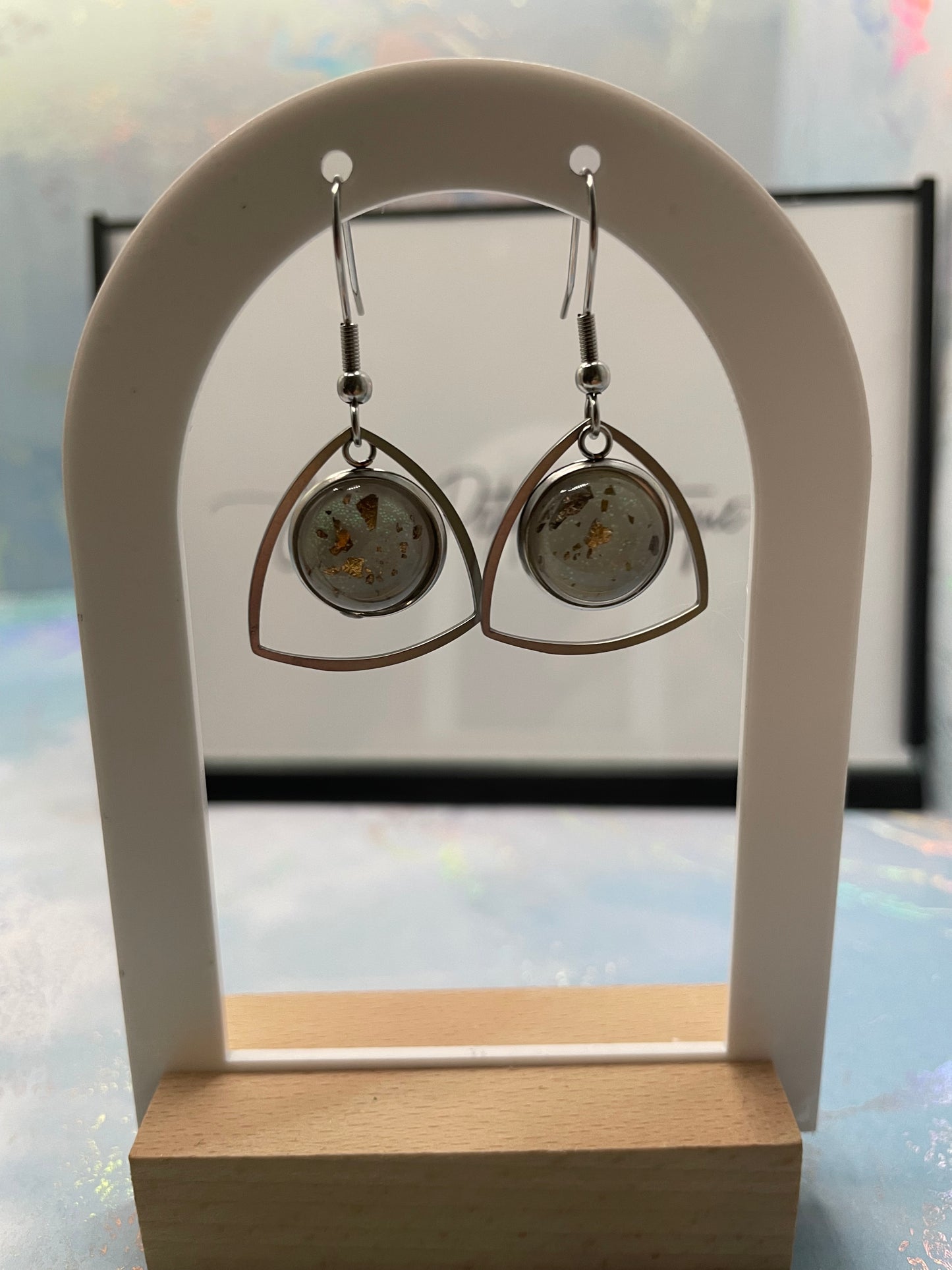 Sparkly White Cabochon Triangle Earrings – Stainless Steel