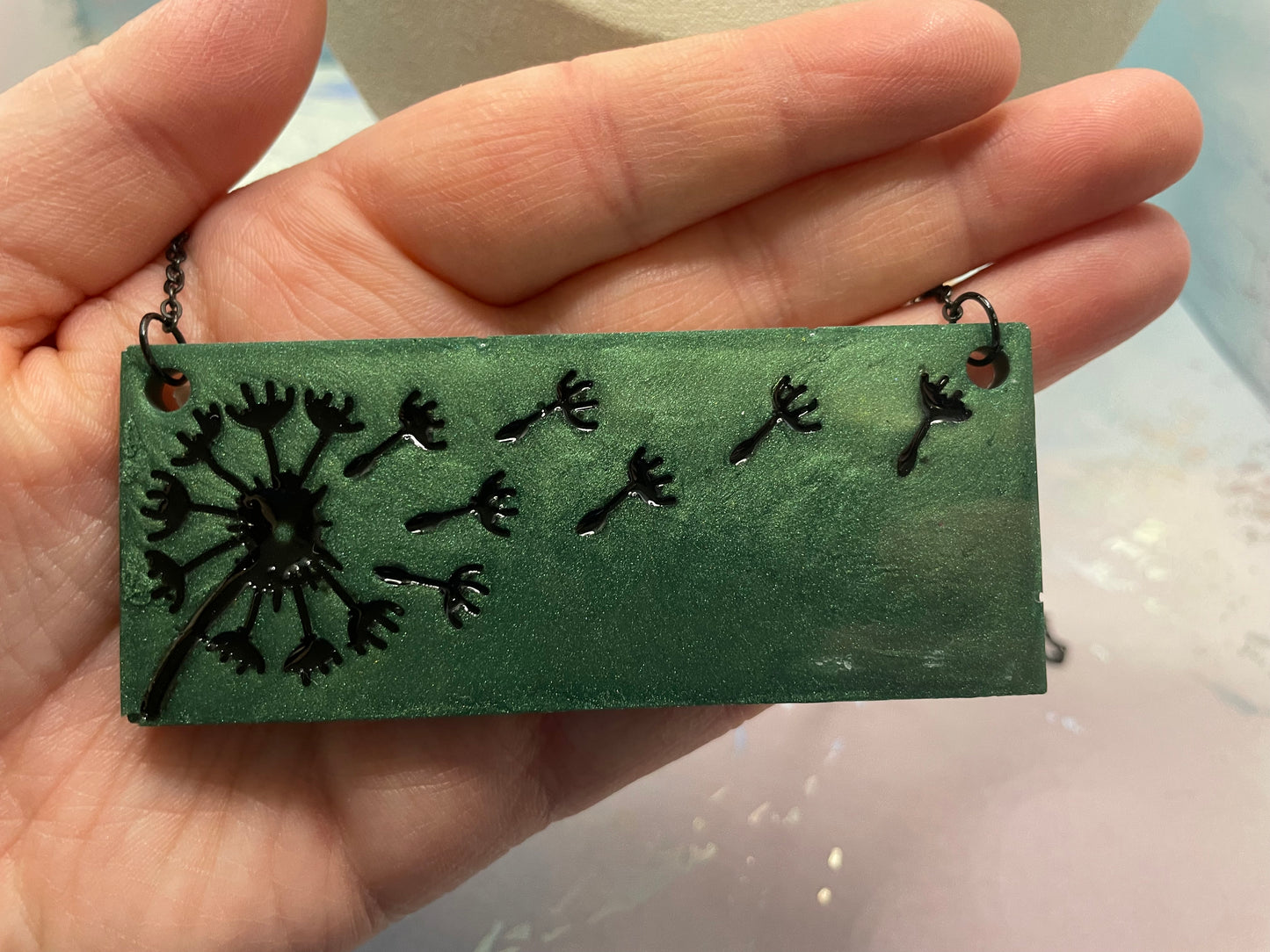 Collier pissenlit sur rectangle vert-Acier Inoxydable