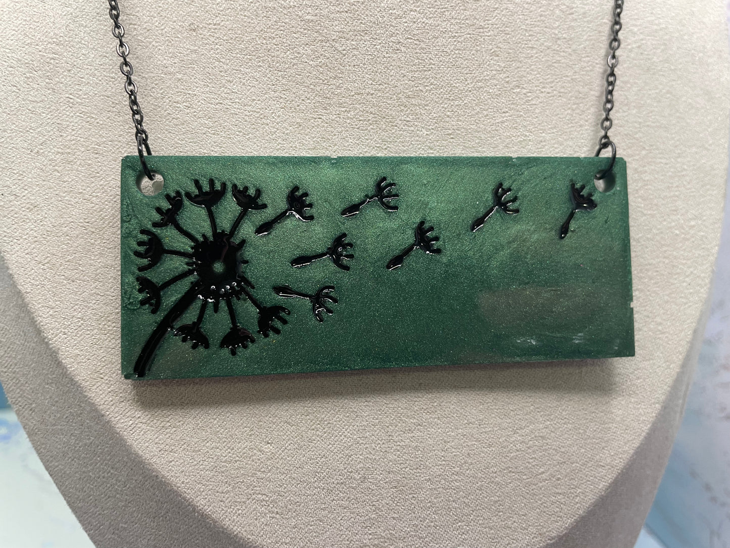 Collier pissenlit sur rectangle vert-Acier Inoxydable