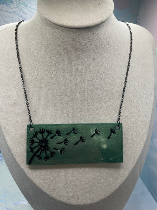 Collier pissenlit sur rectangle vert-Acier Inoxydable