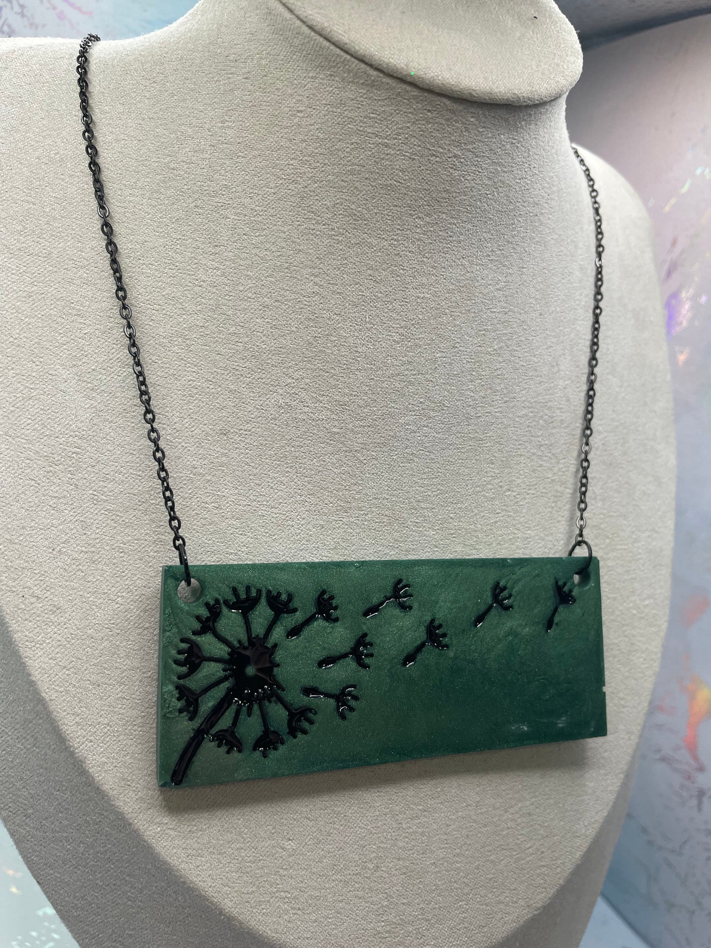 Collier pissenlit sur rectangle vert-Acier Inoxydable
