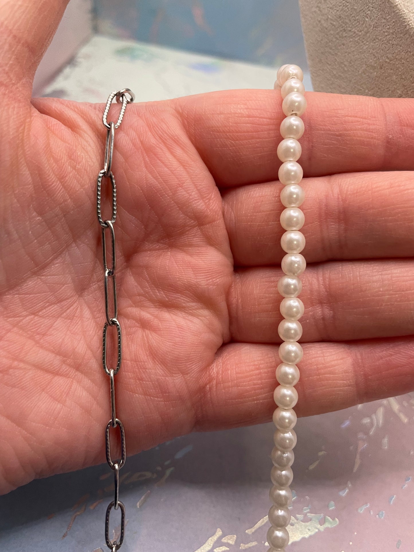 Collier asymétrique perles & chaîne -Acier Inoxydable