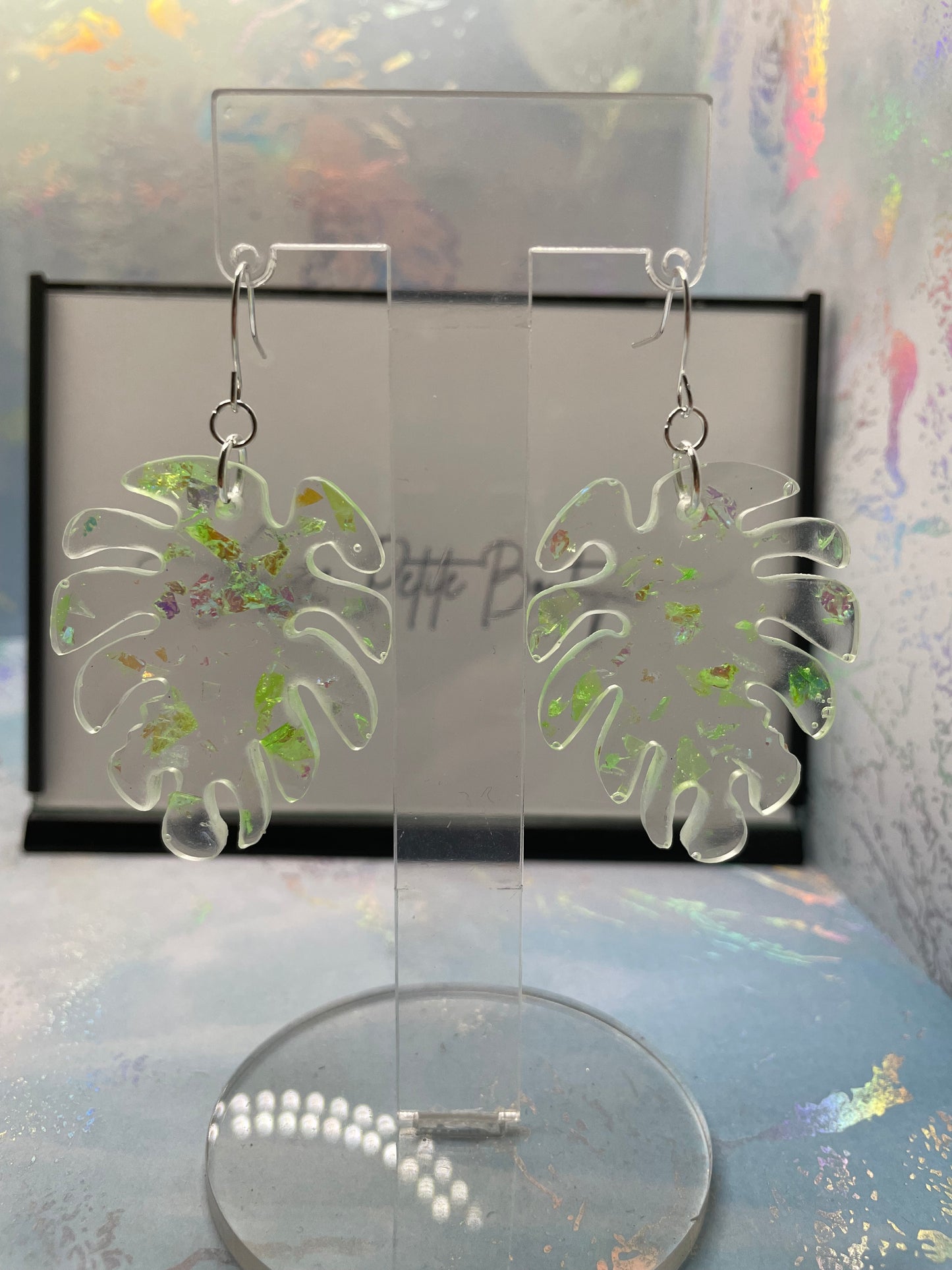 Boucles d'oreilles Monstera transparentes et vertes – Acier Inoxydable