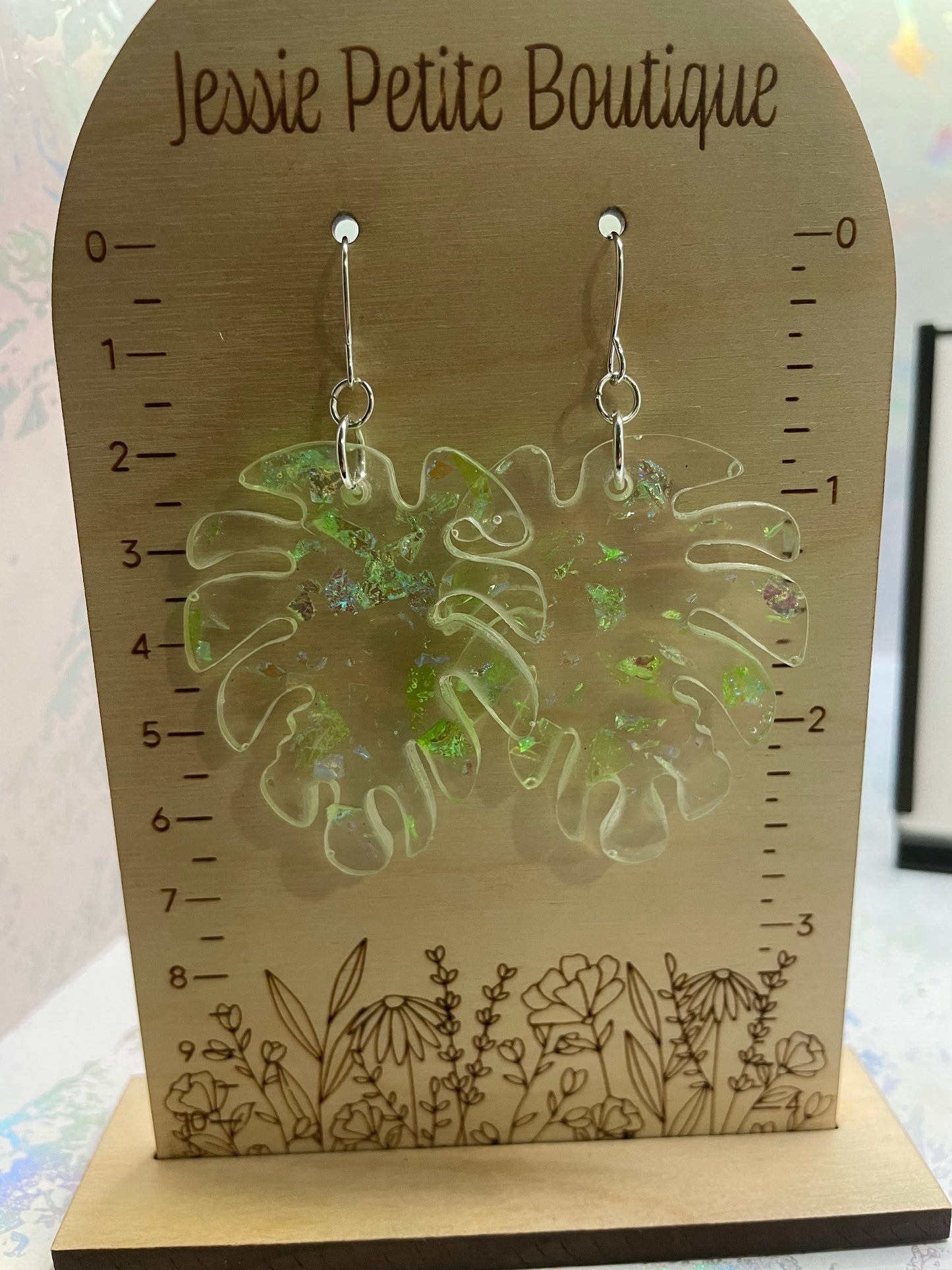 Boucles d'oreilles Monstera transparentes et vertes – Acier Inoxydable