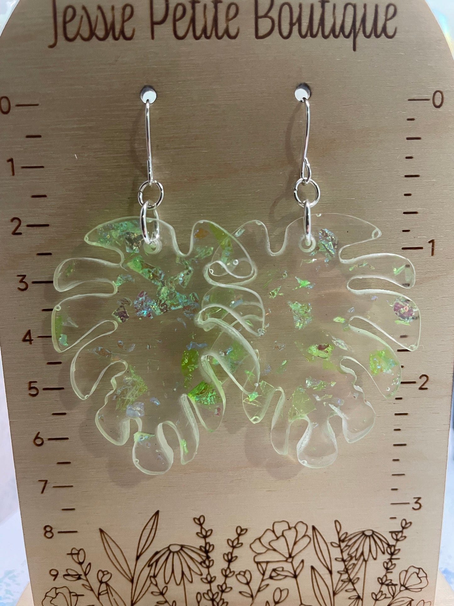 Boucles d'oreilles Monstera transparentes et vertes – Acier Inoxydable
