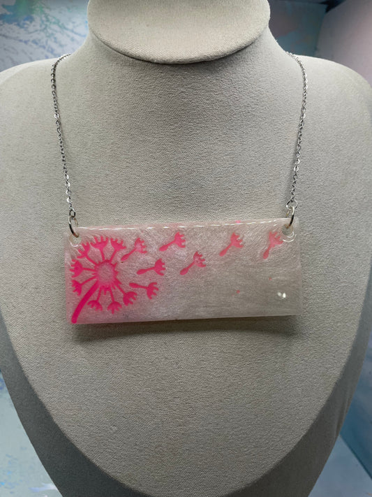 Glow-in-the-Dark Pink Dandelion Rectangle Necklace