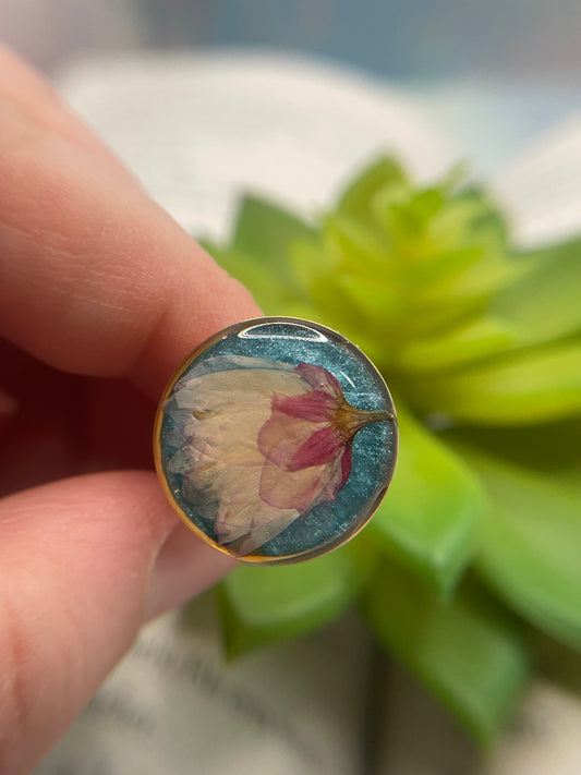 Fleur Séchée sur bleu Bague Or– Acier Inoxydable (ajustable)