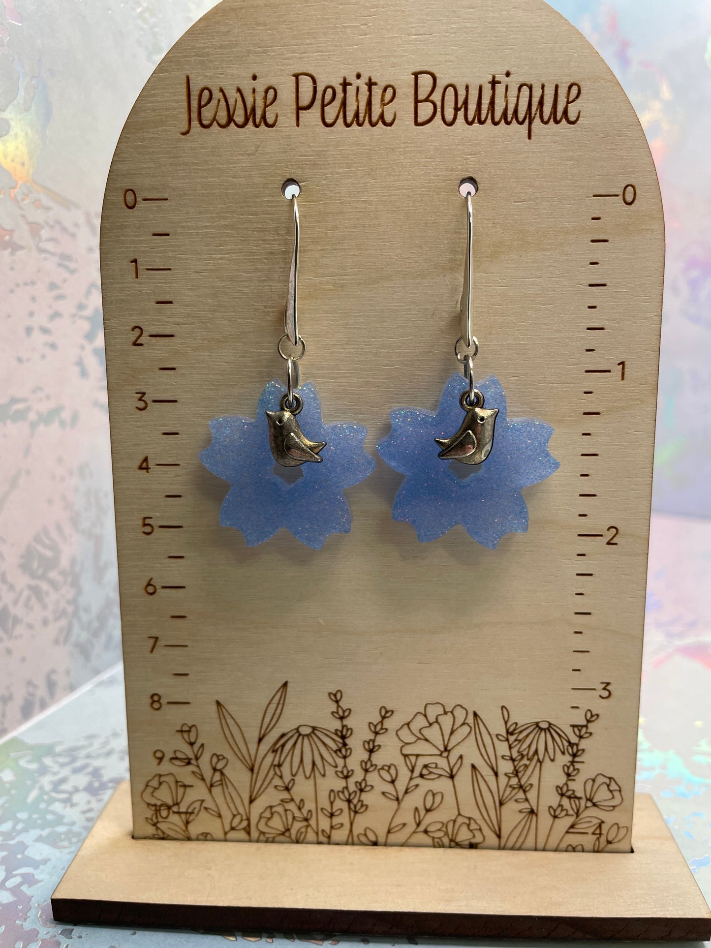 Sparkly Cherry Blossom Earrings With Bird Charm