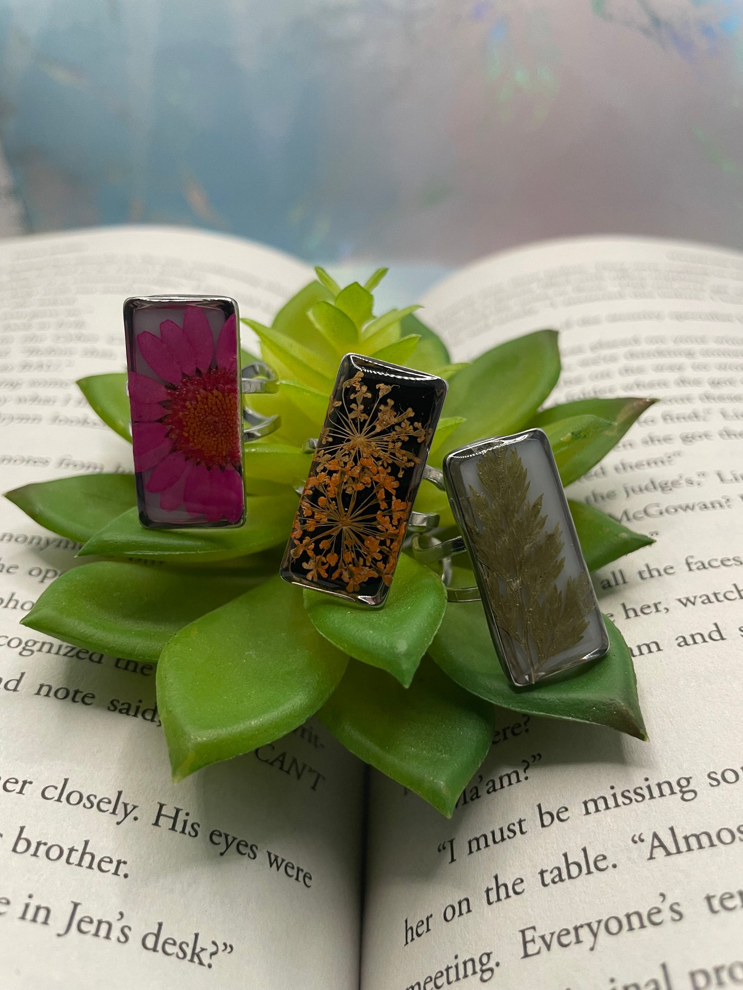 Rectangular Floral Resin Rings – Stainless Steel & Real Flowers