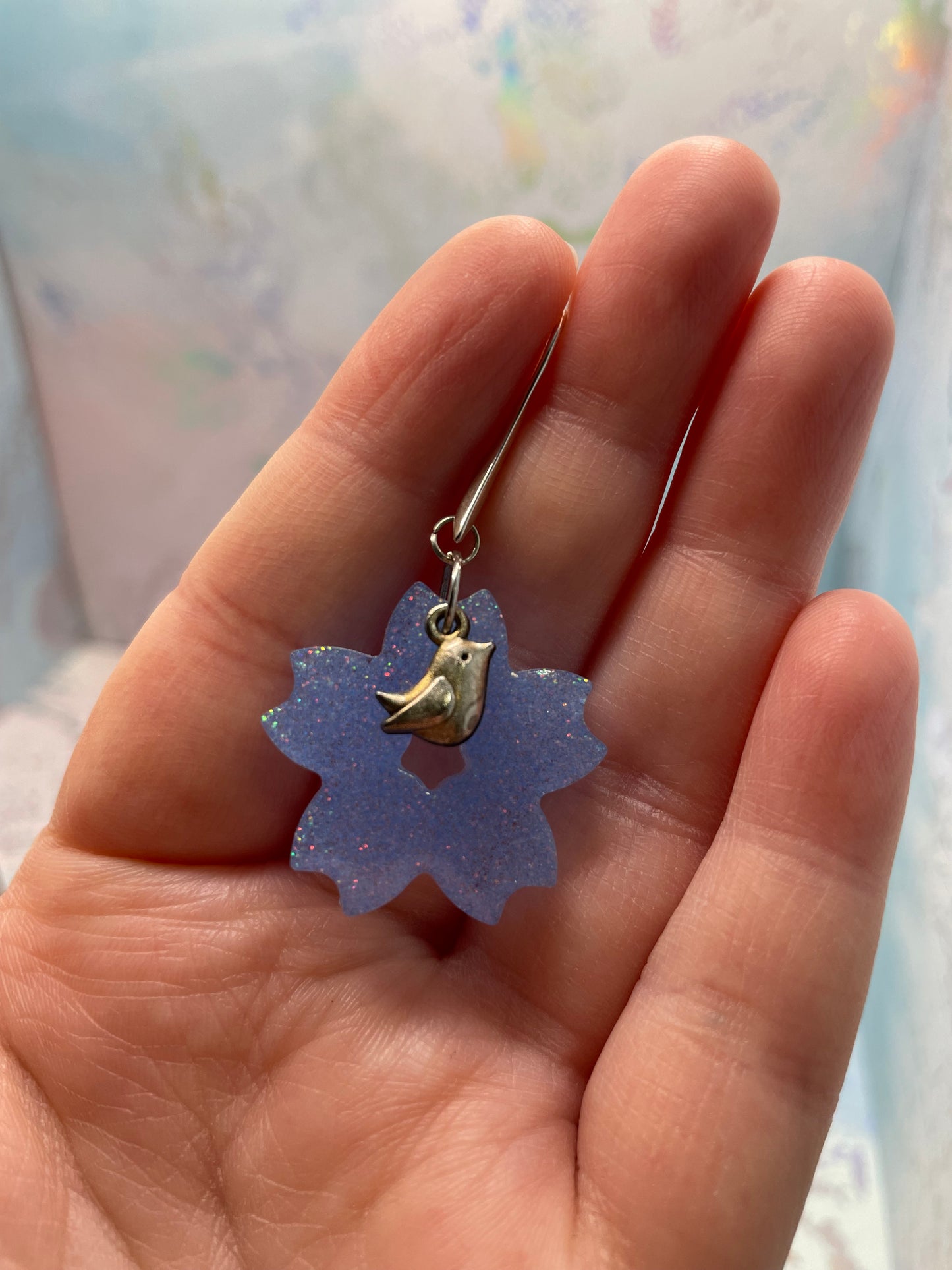 Sparkly Cherry Blossom Earrings With Bird Charm