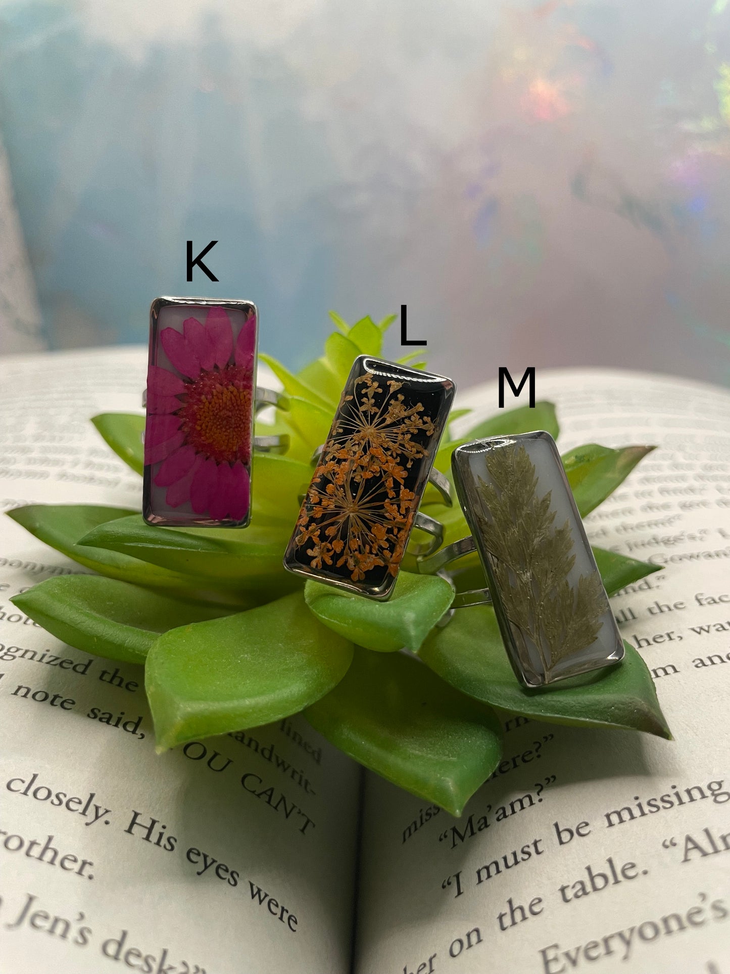 Rectangular Floral Resin Rings – Stainless Steel & Real Flowers