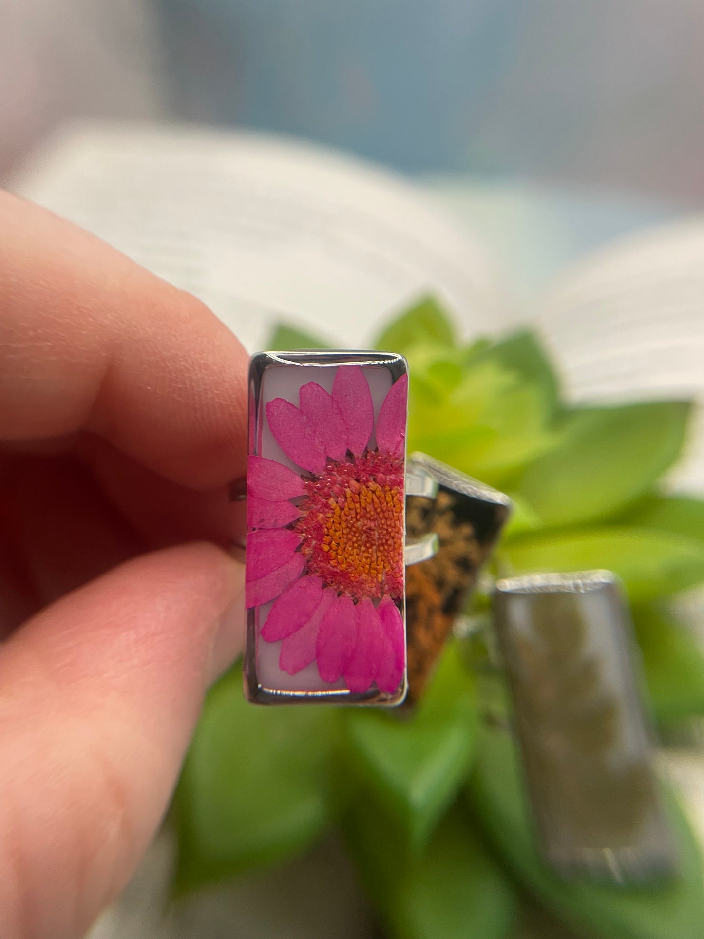 Rectangular Floral Resin Rings – Stainless Steel & Real Flowers