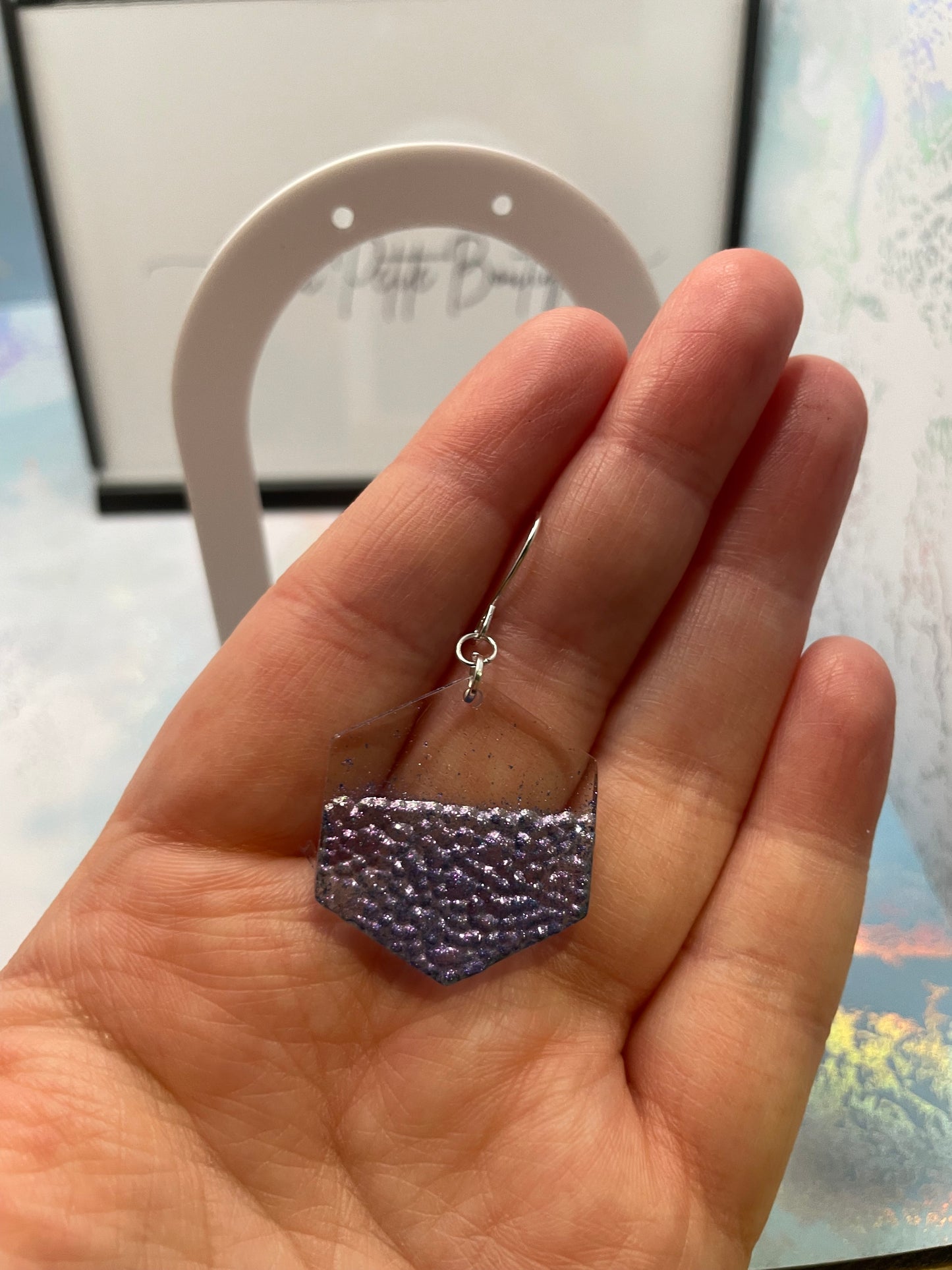 Chameleon Purple Geode Hexagon Earrings
