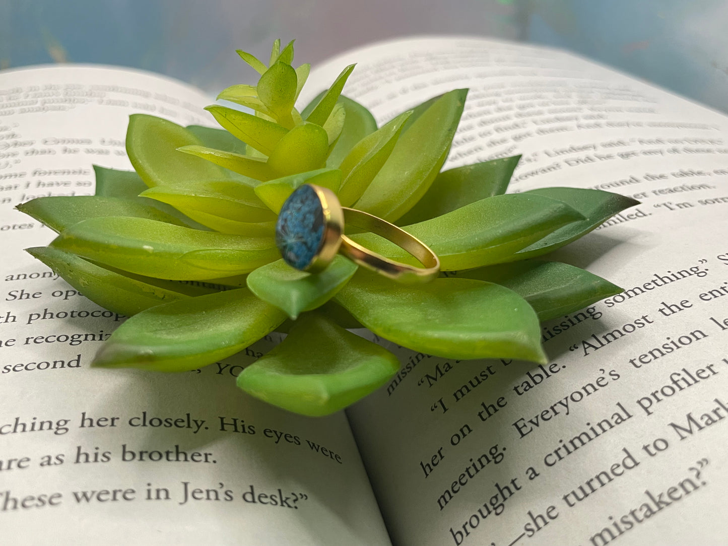 Fleur Bleu Bague Or Ovale- Taille 9US