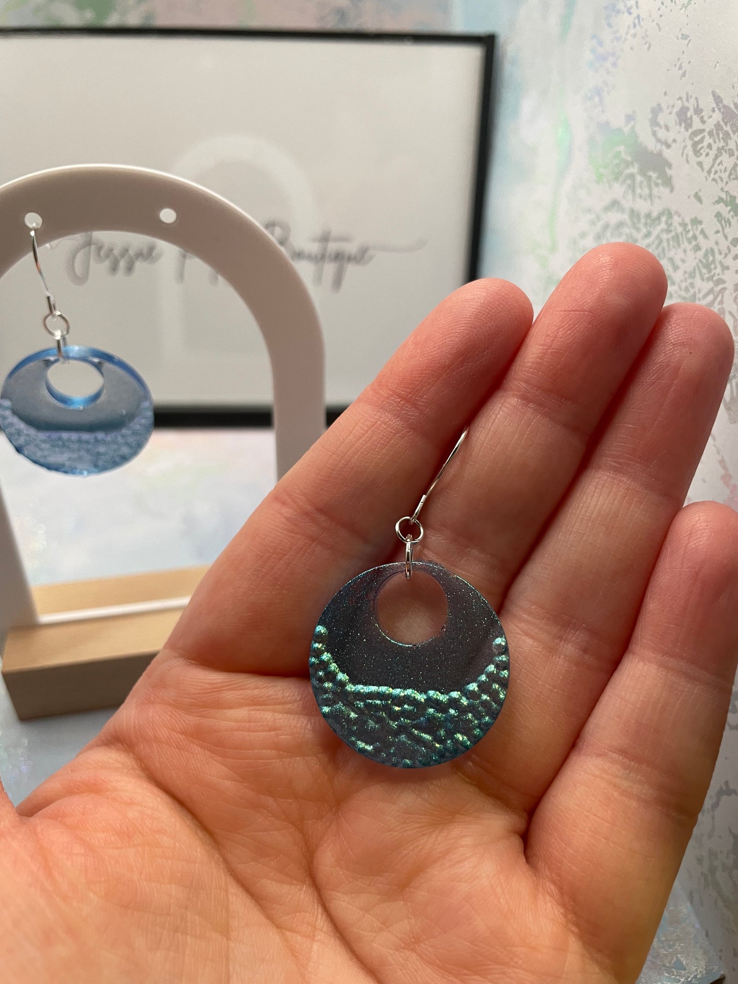 Chameleon Blue Geode Circle Earrings