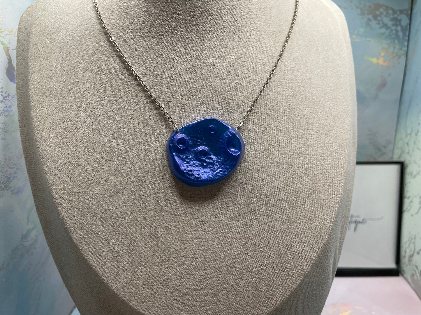 Planet-Inspired Blue Necklace, 23'' silver chain