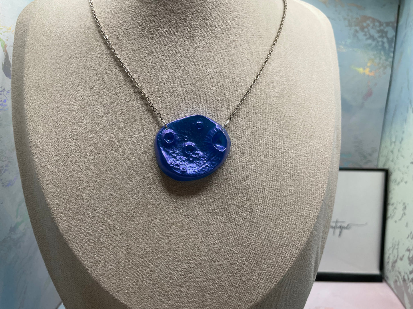 Planet-Inspired Blue Necklace, 23'' silver chain