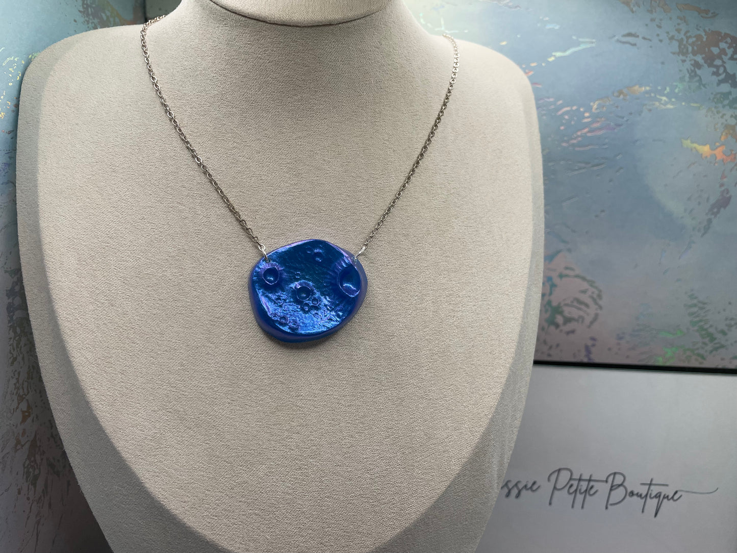 Planet-Inspired Blue Necklace, 23'' silver chain