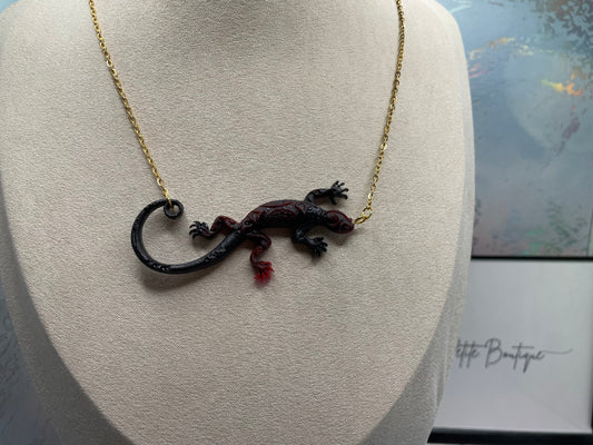 Black + Red Gecko Necklace - 19"gold chain NICKEL FREE+STAINLESS STEEL