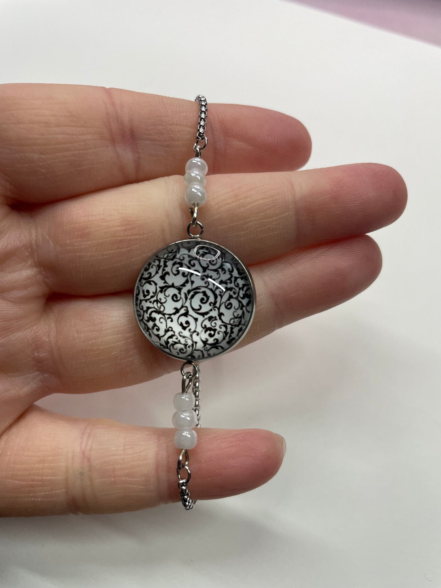 Black and White Cabochon+Beads Adjustable Bracelet-Stainless Steel