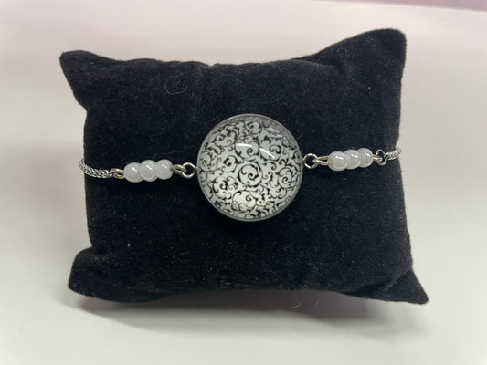 Bracelet Ajustable Cabochon Blanc et Noir+Billes-Acier Inoxydable