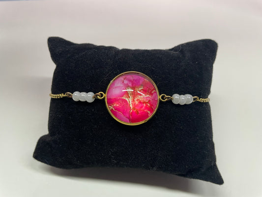 Bracelet Ajustable Cabochon Rose Marbre+Billes-Acier Inoxydable