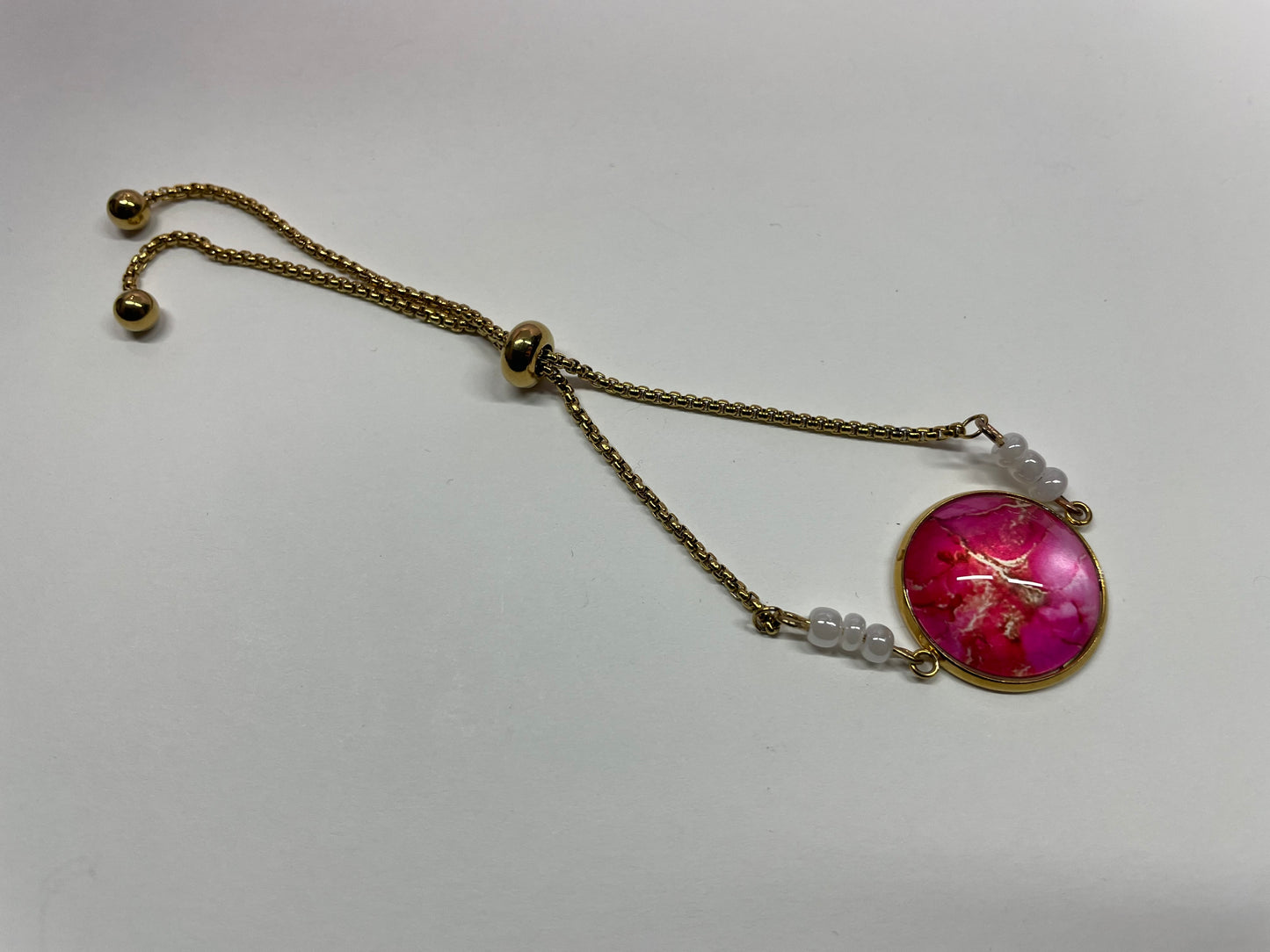 Bracelet Ajustable Cabochon Rose Marbre+Billes-Acier Inoxydable