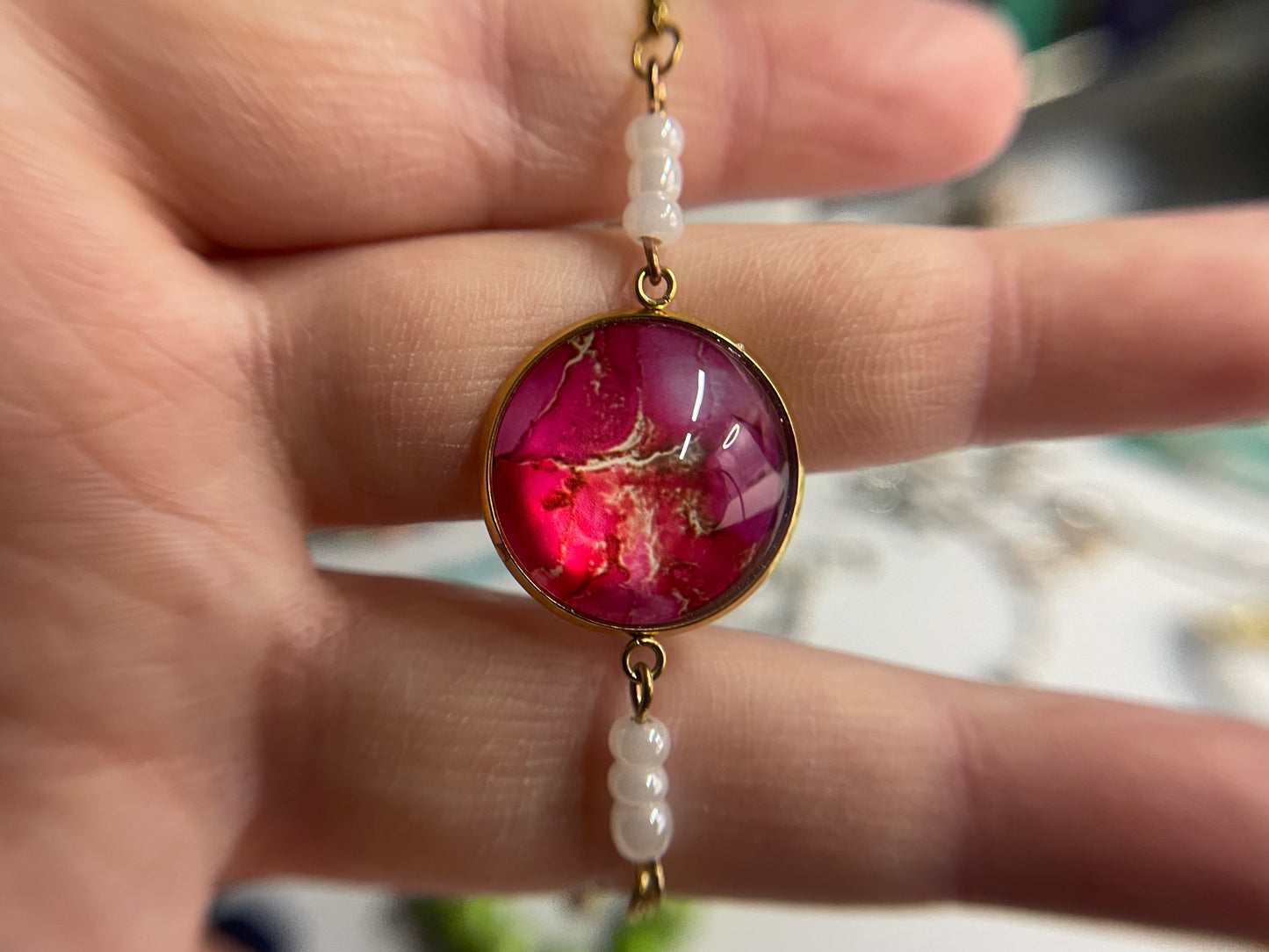 Bracelet Ajustable Cabochon Rose Marbre+Billes-Acier Inoxydable