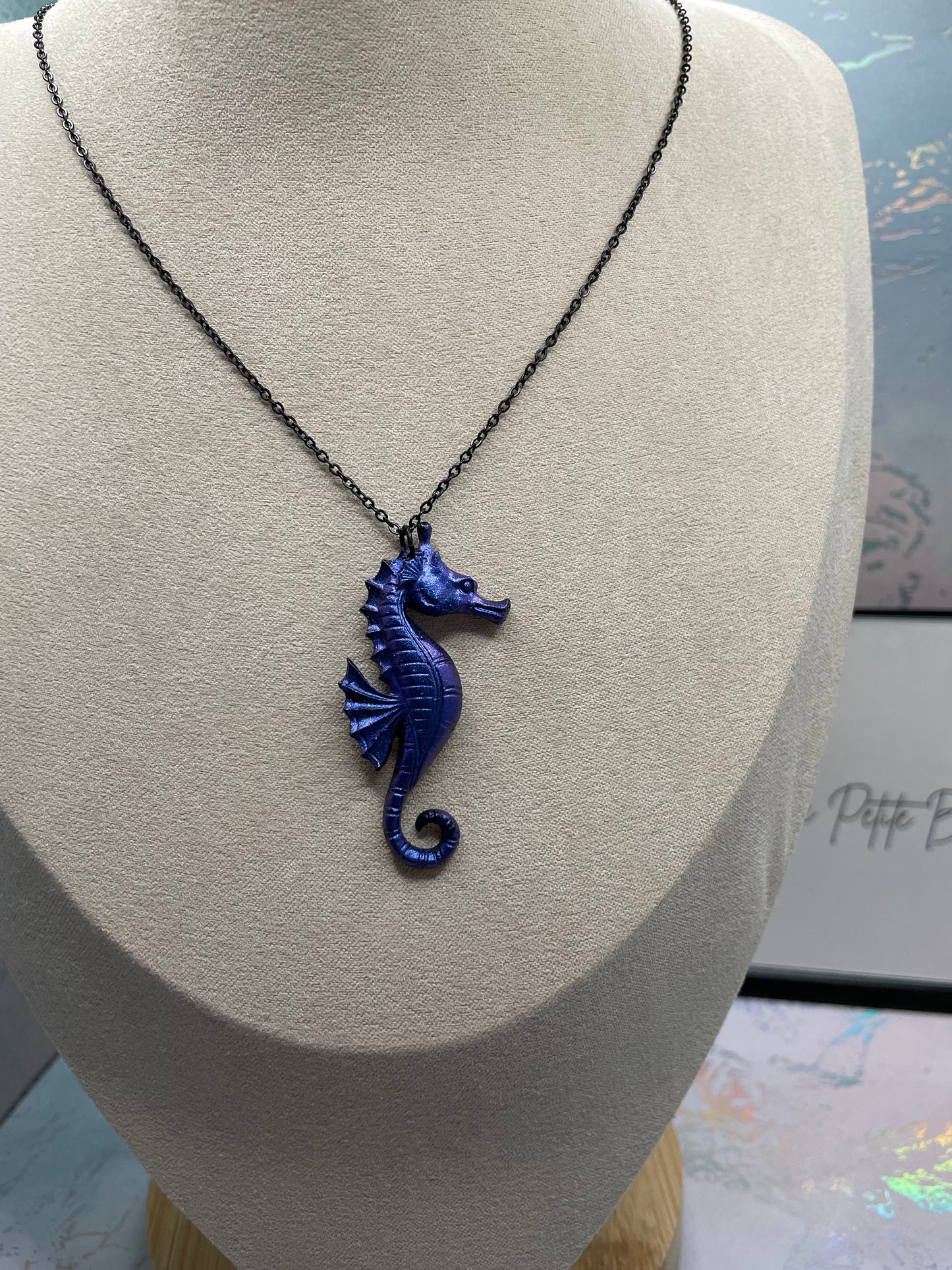 Chameleon Blue Seahorse Necklace–20"black chain NICKEL FREE