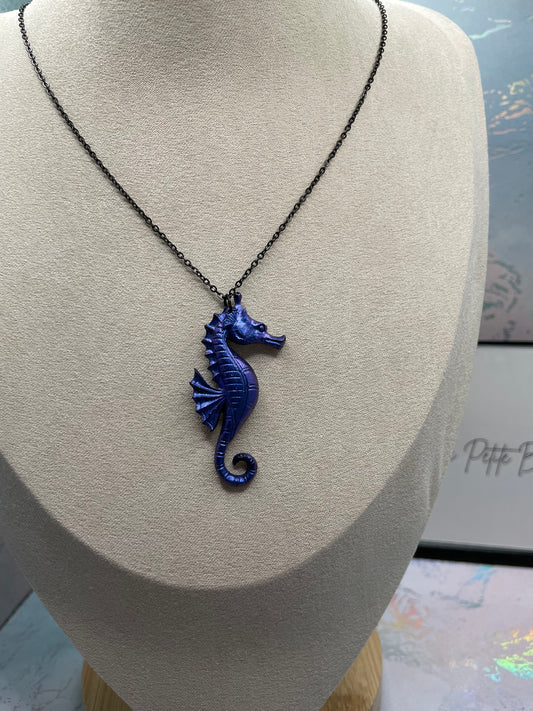Chameleon Blue Seahorse Necklace–20"black chain NICKEL FREE