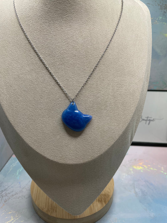 Blue Cat Face Pendant Necklace–21" Silver Chain-NICKEL FREE+STAINLESS STEEL