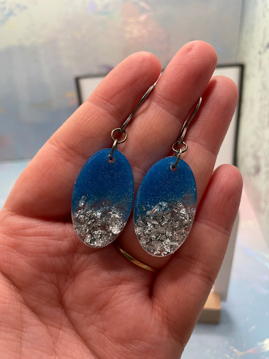 Blue+Silver Flakes Oval Earrings STAINLESS STEEL