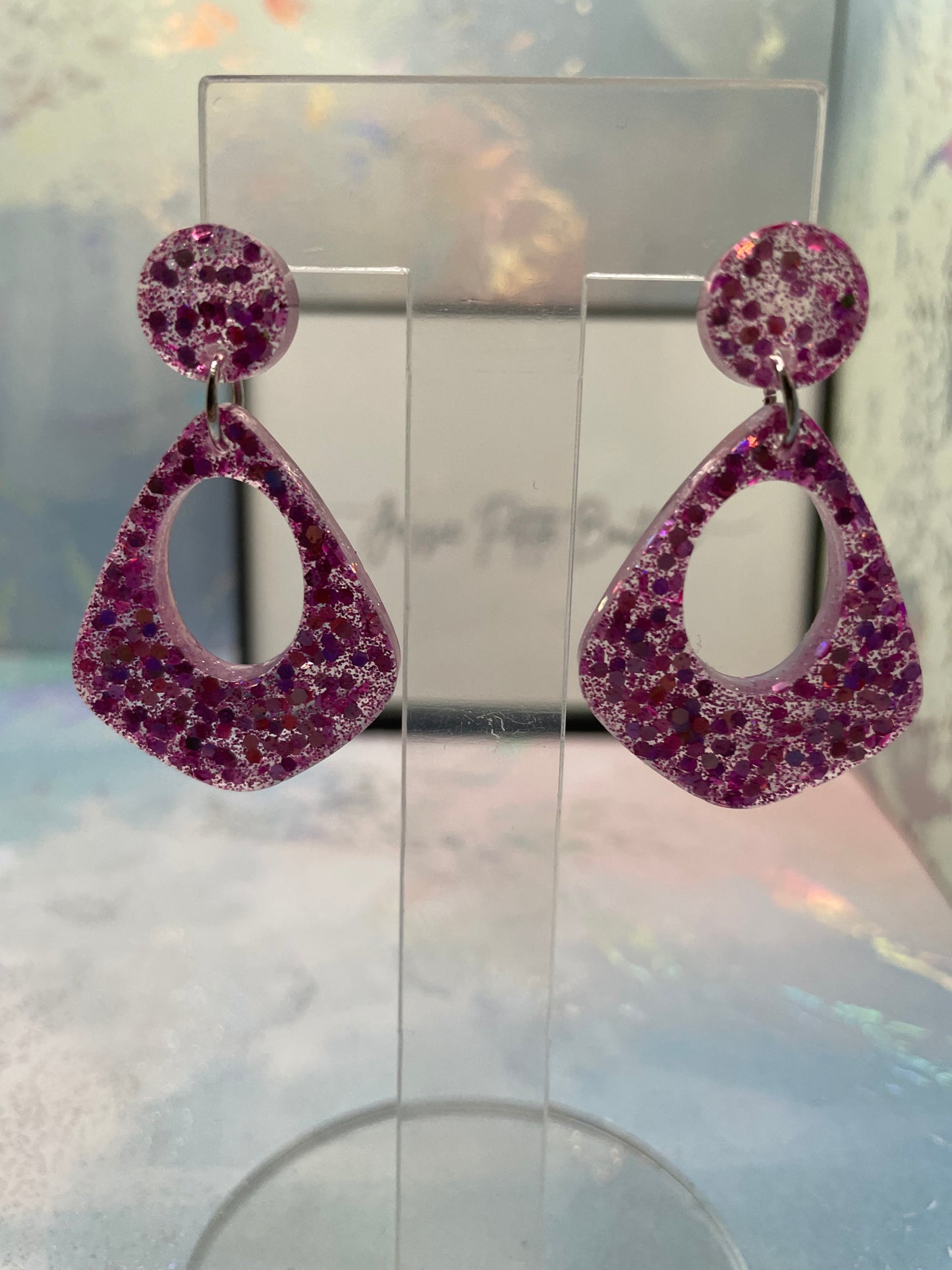 Sparkly Pink Teardrop Earrings –PLASTIC