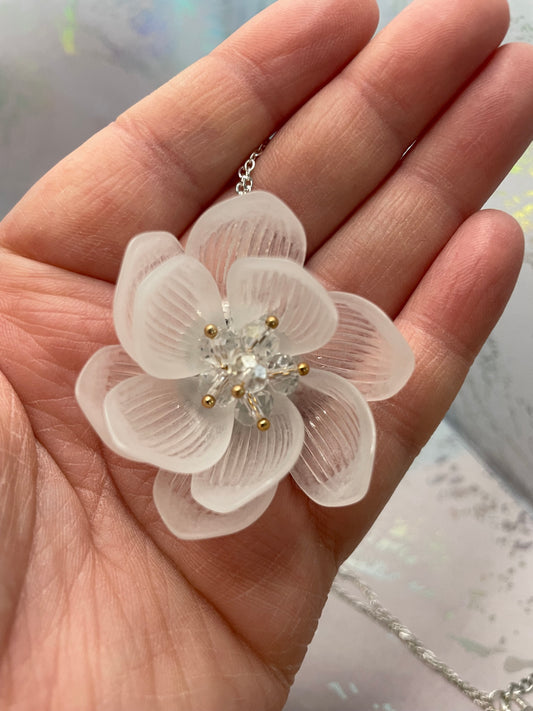 White Acrylic Flower Necklace-Nickel Free+Stainless Steel
