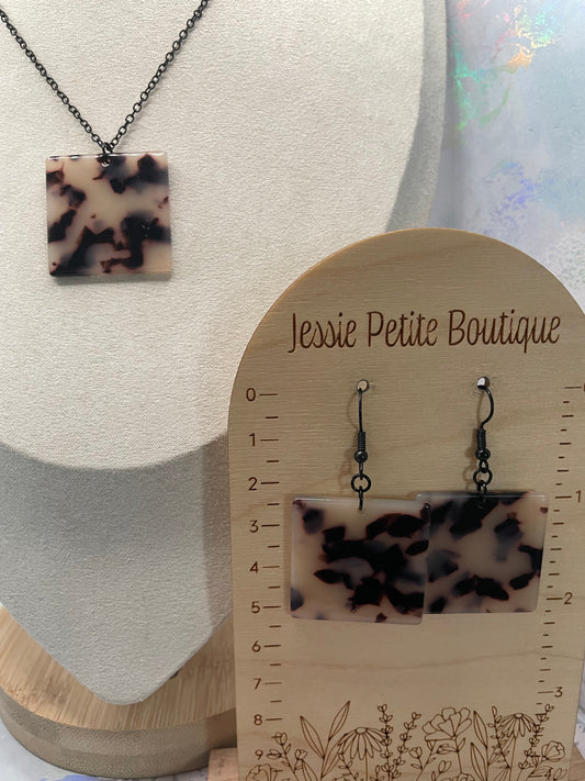 Square Tortoise Necklace & Earrings SET-Nickel Free