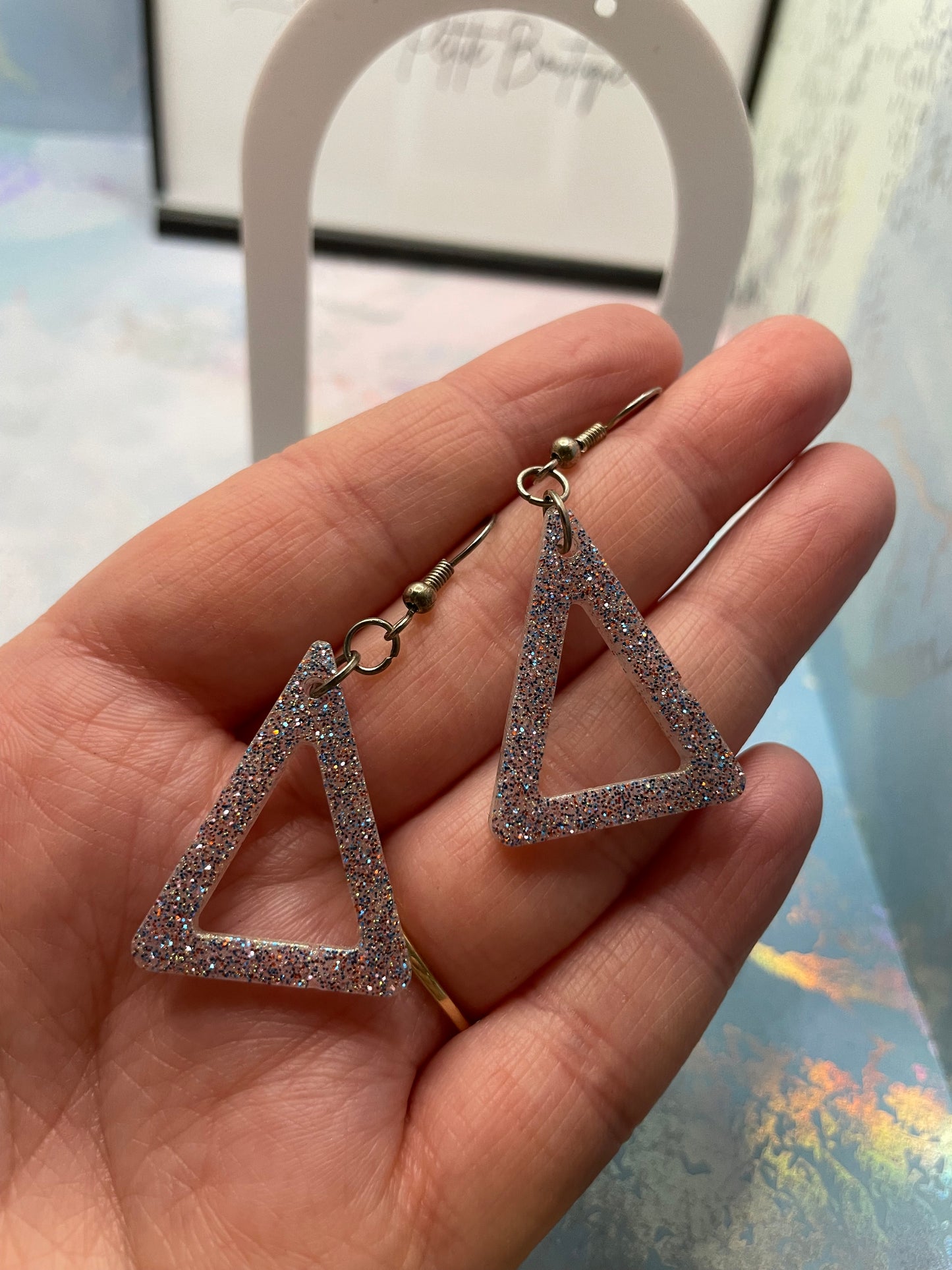 Pinky-ish Sparkly Resin Triangle Earrings