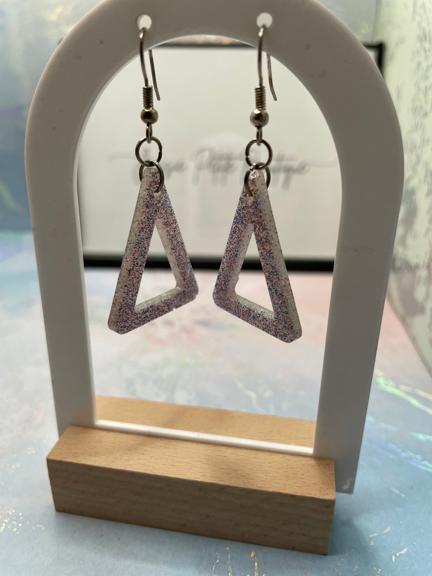 Pinky-ish Sparkly Resin Triangle Earrings