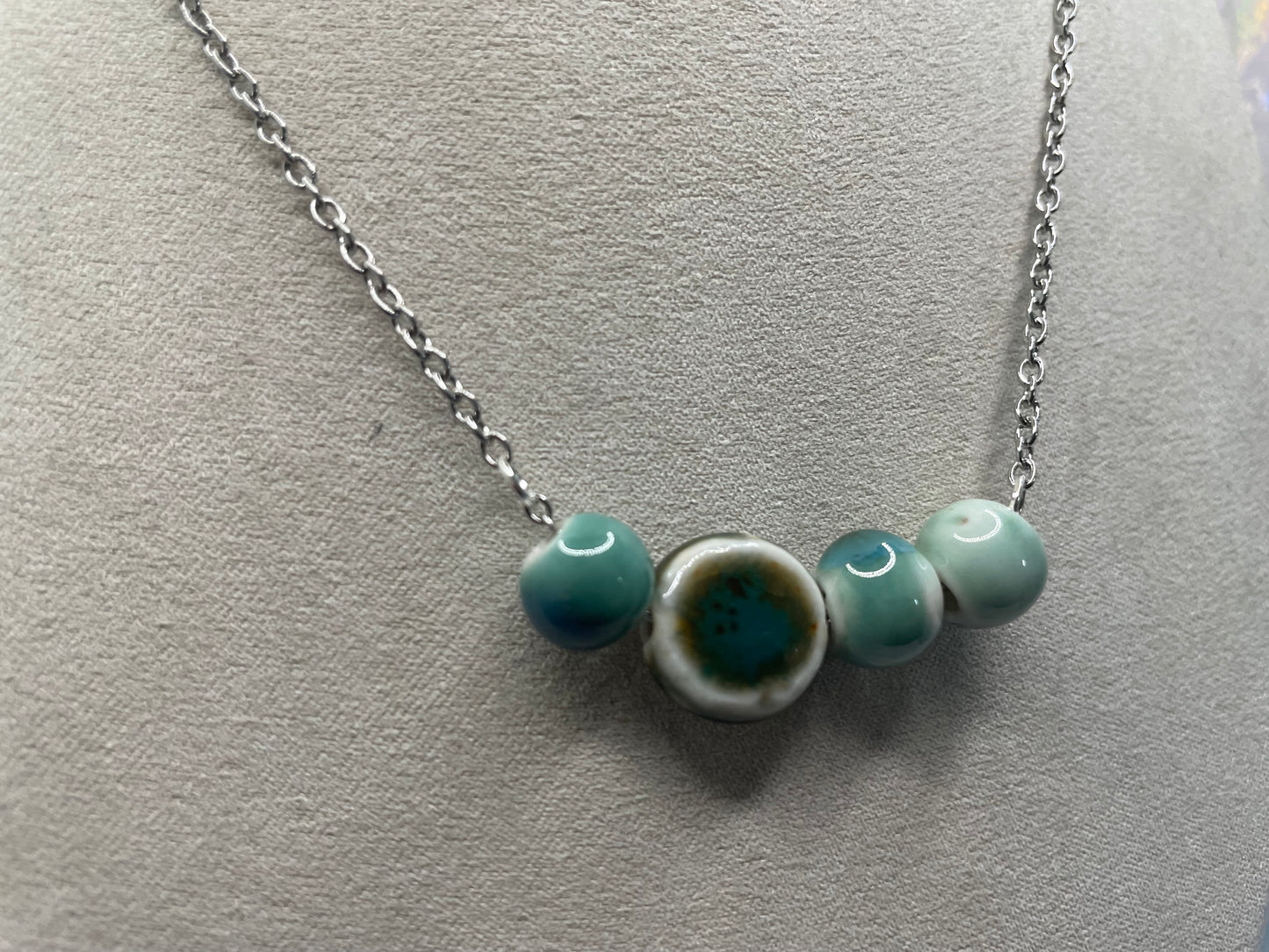 Collier Billes de Céramique Bleues-Acier Inoxydable+Sans Nickel