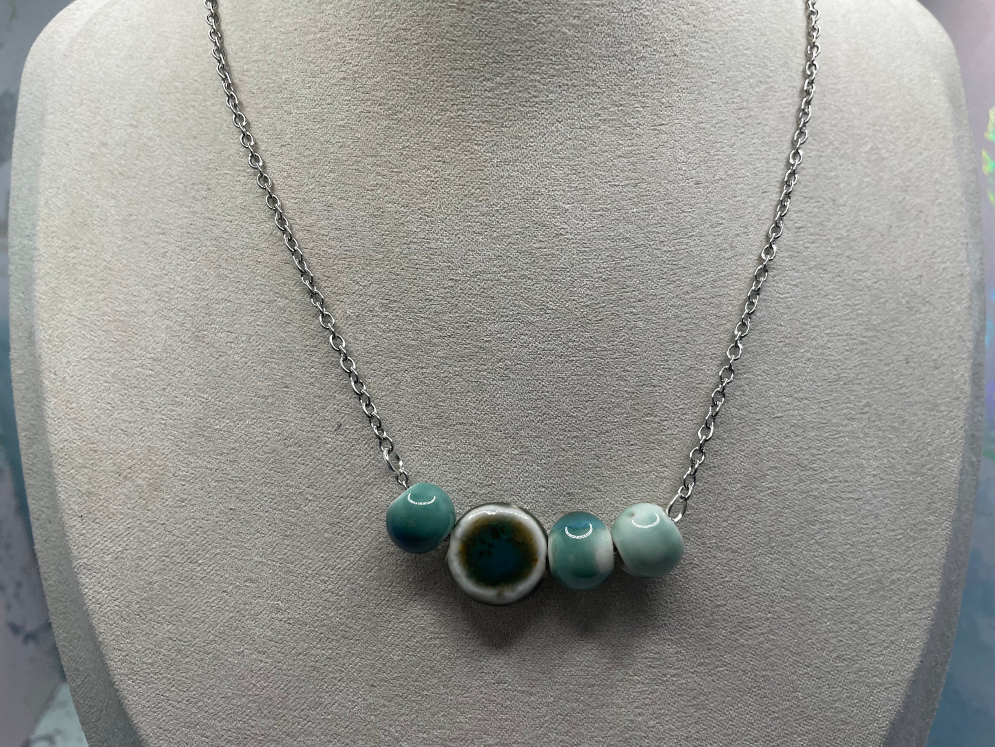 Collier Billes de Céramique Bleues-Acier Inoxydable+Sans Nickel