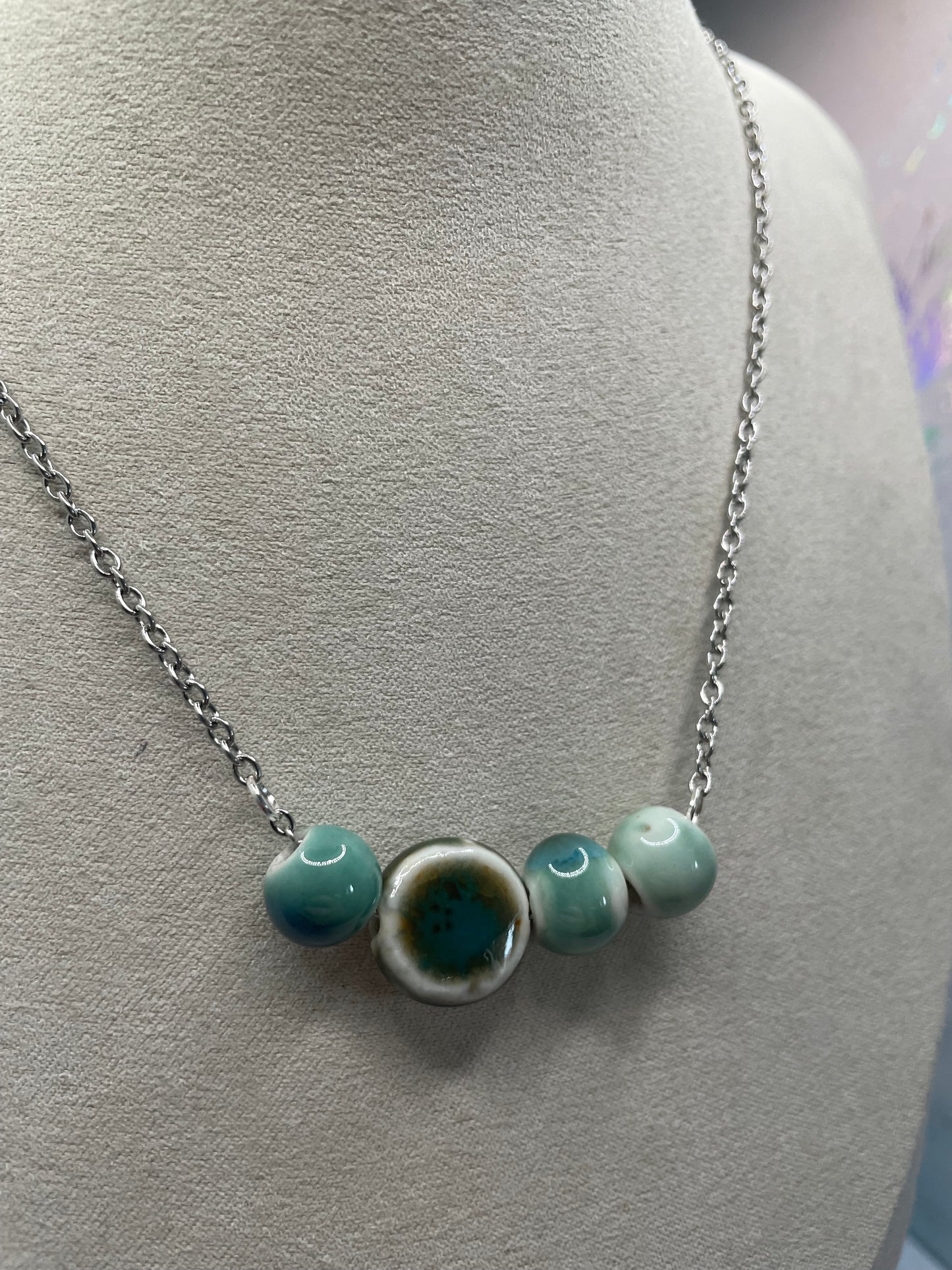 Collier Billes de Céramique Bleues-Acier Inoxydable+Sans Nickel