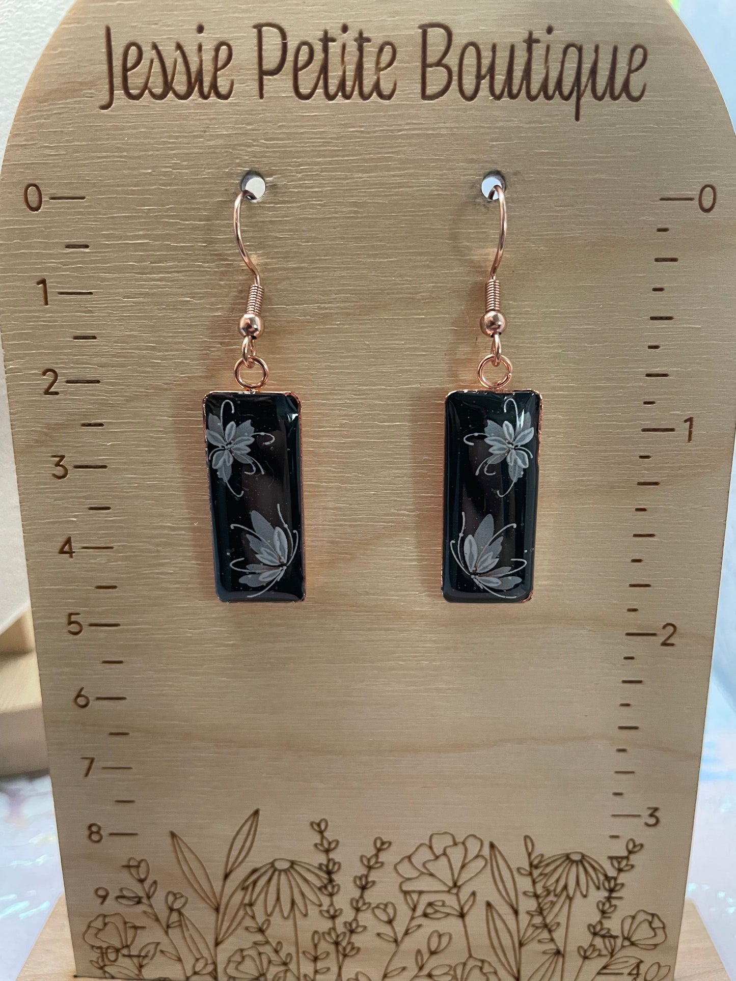 Ensemble Fleur Blanche sur Noir Or Rose-Acier Inoxydable