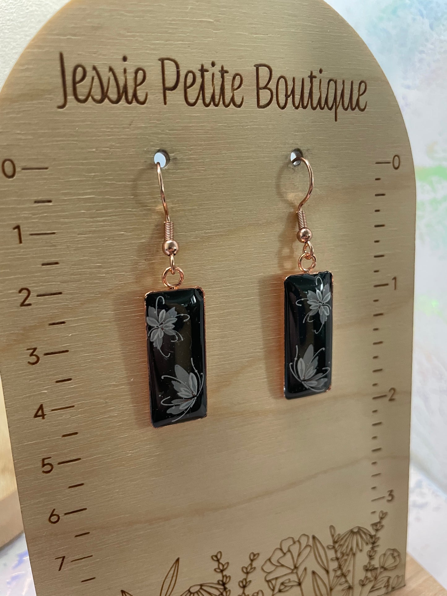 Ensemble Fleur Blanche sur Noir Or Rose-Acier Inoxydable