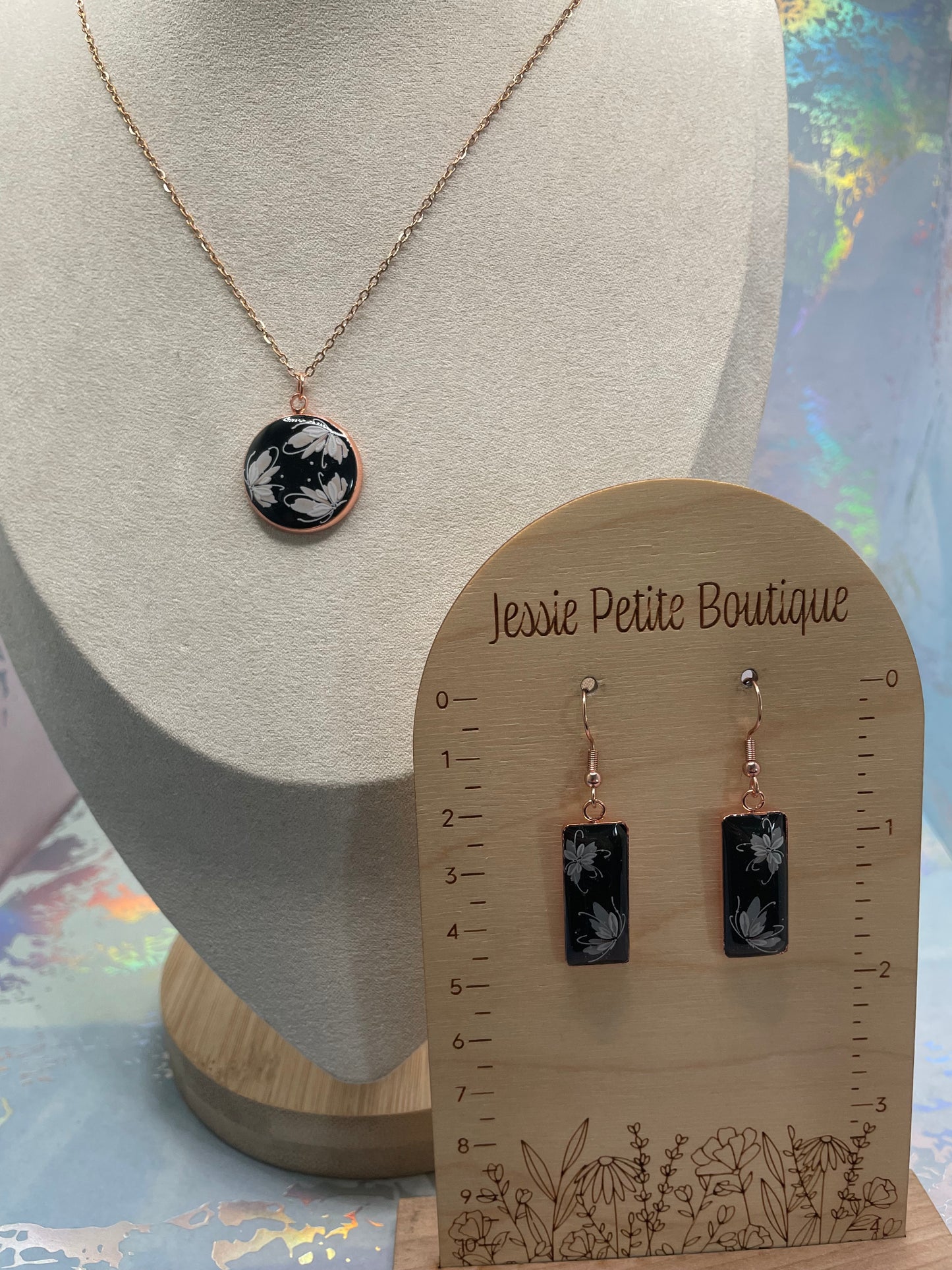 Ensemble Fleur Blanche sur Noir Or Rose-Acier Inoxydable