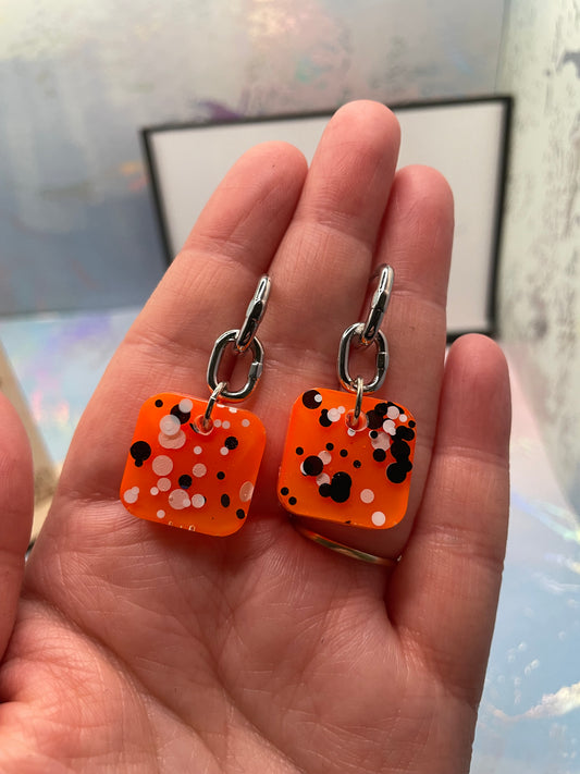 Vibrant Orange Dot Square Earrings- STAINLESS STEEL