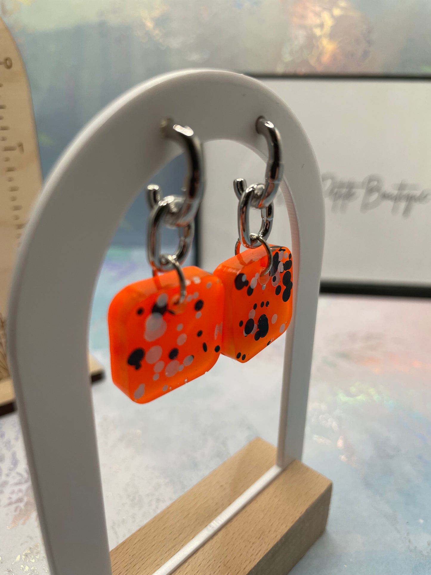 Vibrant Orange Dot Square Earrings- STAINLESS STEEL