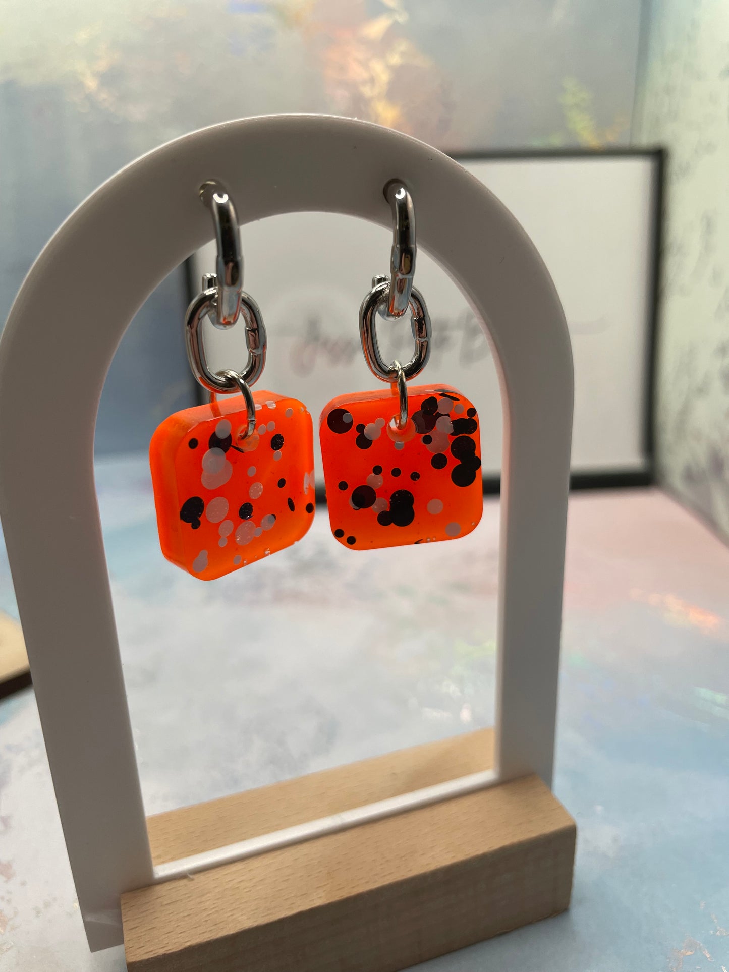 Vibrant Orange Dot Square Earrings- STAINLESS STEEL