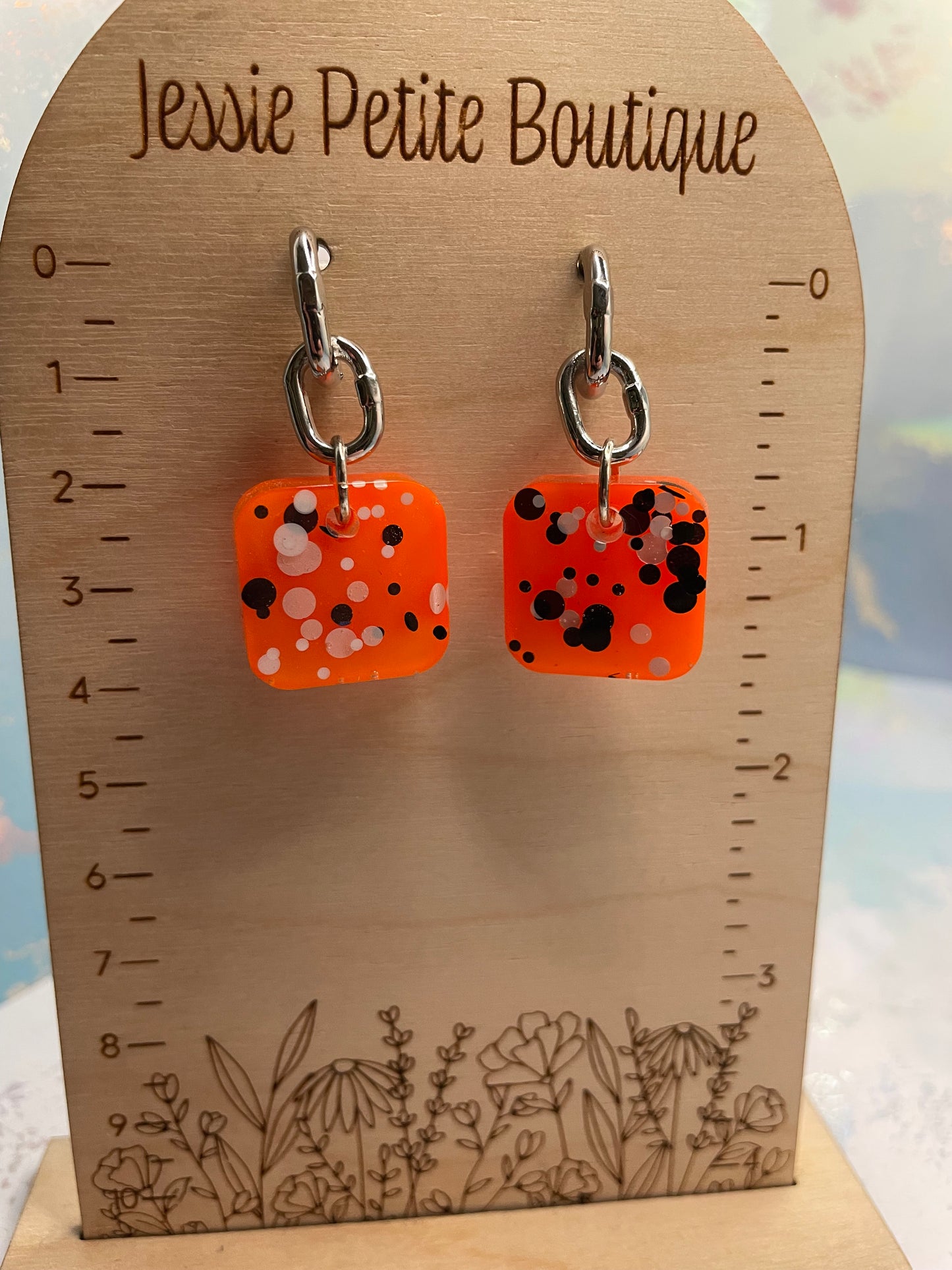 Vibrant Orange Dot Square Earrings- STAINLESS STEEL
