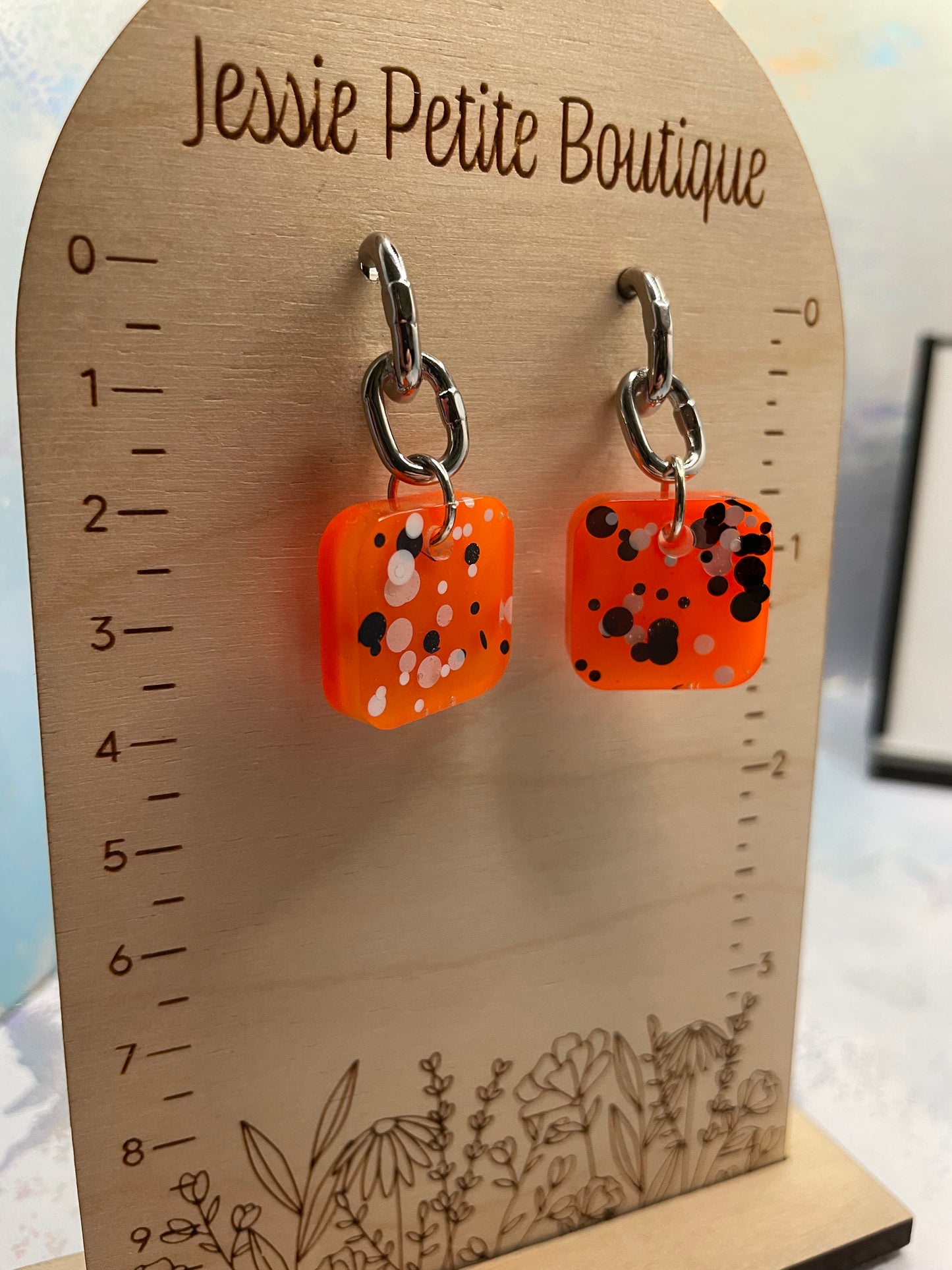 Vibrant Orange Dot Square Earrings- STAINLESS STEEL