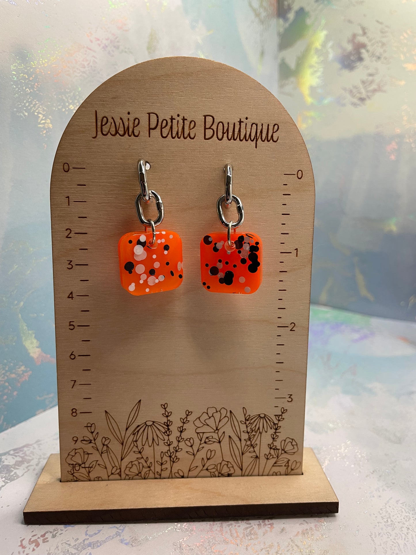 Vibrant Orange Dot Square Earrings- STAINLESS STEEL